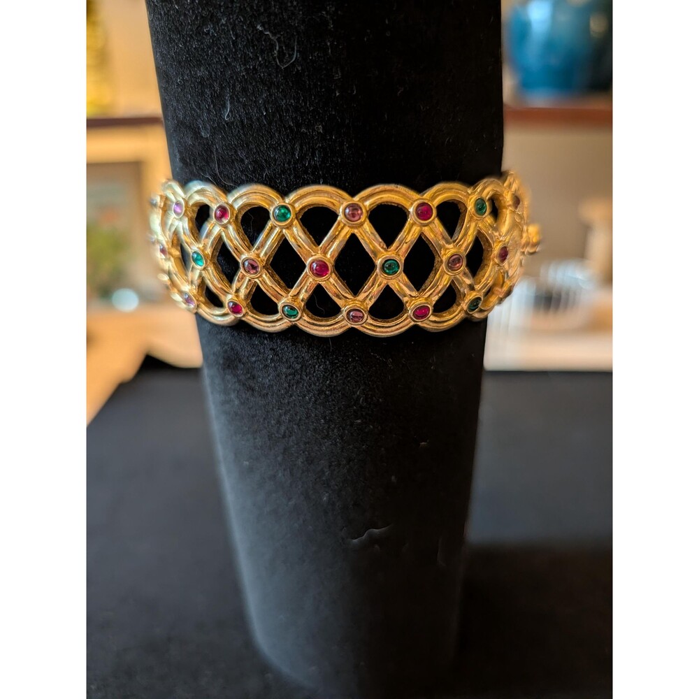Vintage Gold Tone Openwork Rhinestone Bracelet with Red & Green Accent Stones